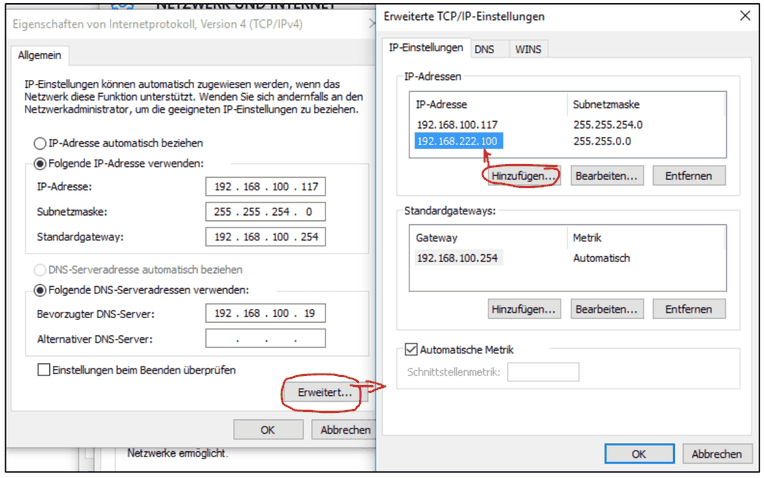 TCP/IPv4-Eigenschaften und erweiterte TCP/IP-Einstellungen mit der zusätzlichen IP-Adresse 192.168.222.100