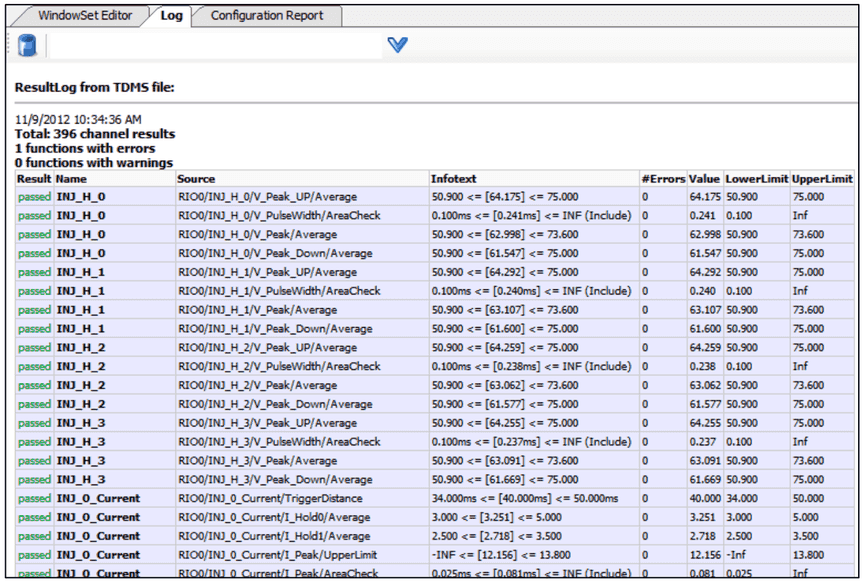 Log tab with ResultLog from TDMS file