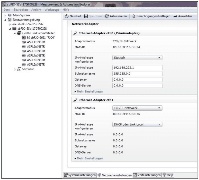 Netzwerkeinstellungen eines sbRIO-SSV im Measurement & Automation Explorer mit der statischen IPv4-Adresse 192.168.222.1