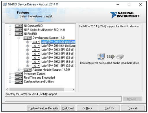 Setup der NI-RIO Device Drivers August 2014 f1: Funktionsauswahl mit Unterstützung für LabVIEW 2014 (32-Bit) für FlexRIO-Geräte