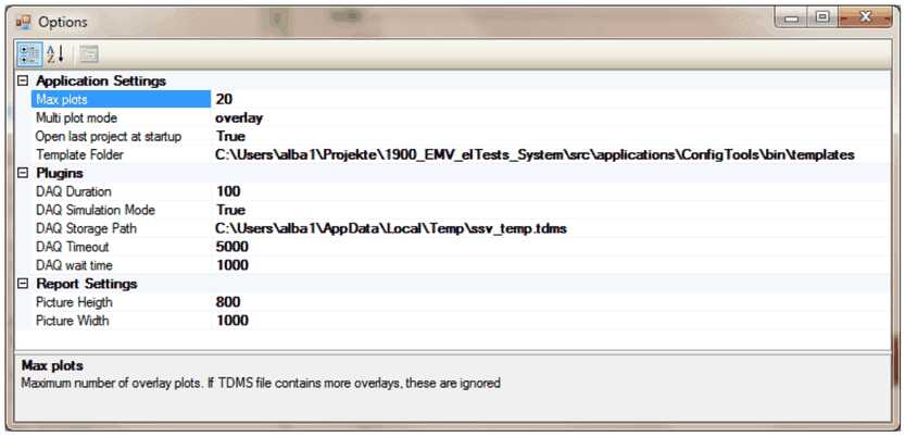 Options dialog with application settings, plugins and report settings