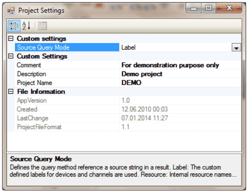 Project Settings dialog with Source Query Mode, comment, description, project name and file information