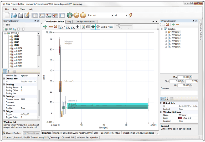 SSV Project Editor after Run test with windows 1 to 6 on channel INJ1