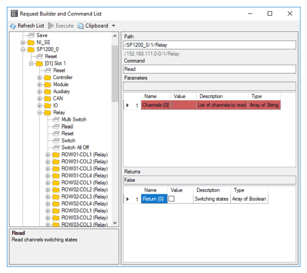 Request Builder mit dem Befehl „Read“ der Funktionsgruppe „Relay“