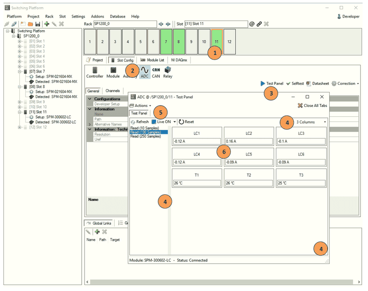 ADC-Test-Panel des SPM-300602-LC mit den Lastkanalströmen LC1 bis LC6 und den Temperaturen T1 bis T3