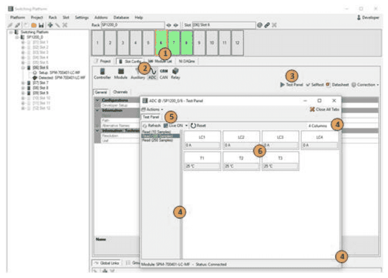 ADC-Test-Panel des SPM-700401-LC-MF mit den Lastkanalströmen LC1 bis LC4 und den Temperaturen T1 bis T3