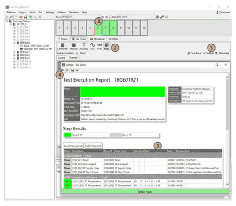 Selbsttest-Fenster des SP Editor mit Testausführungsbericht