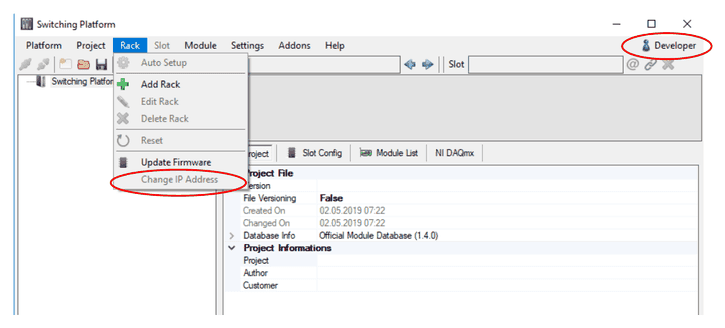 Menü Rack im SP Editor mit dem Eintrag Change IP Address