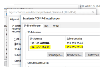 Windows-TCP/IP-Einstellungen mit zusätzlicher IP-Adresse 192.168.111.240 und Subnetzmaske 255.255.255.0