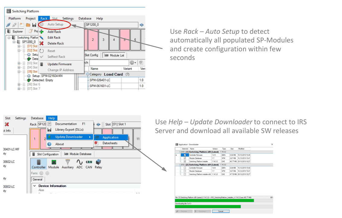 Menu Rack – Auto Setup and menu Help – Update Downloader with the application downloader window