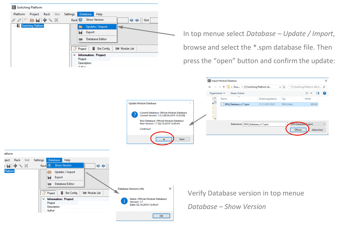 Database update and import dialog, confirmation and database version info