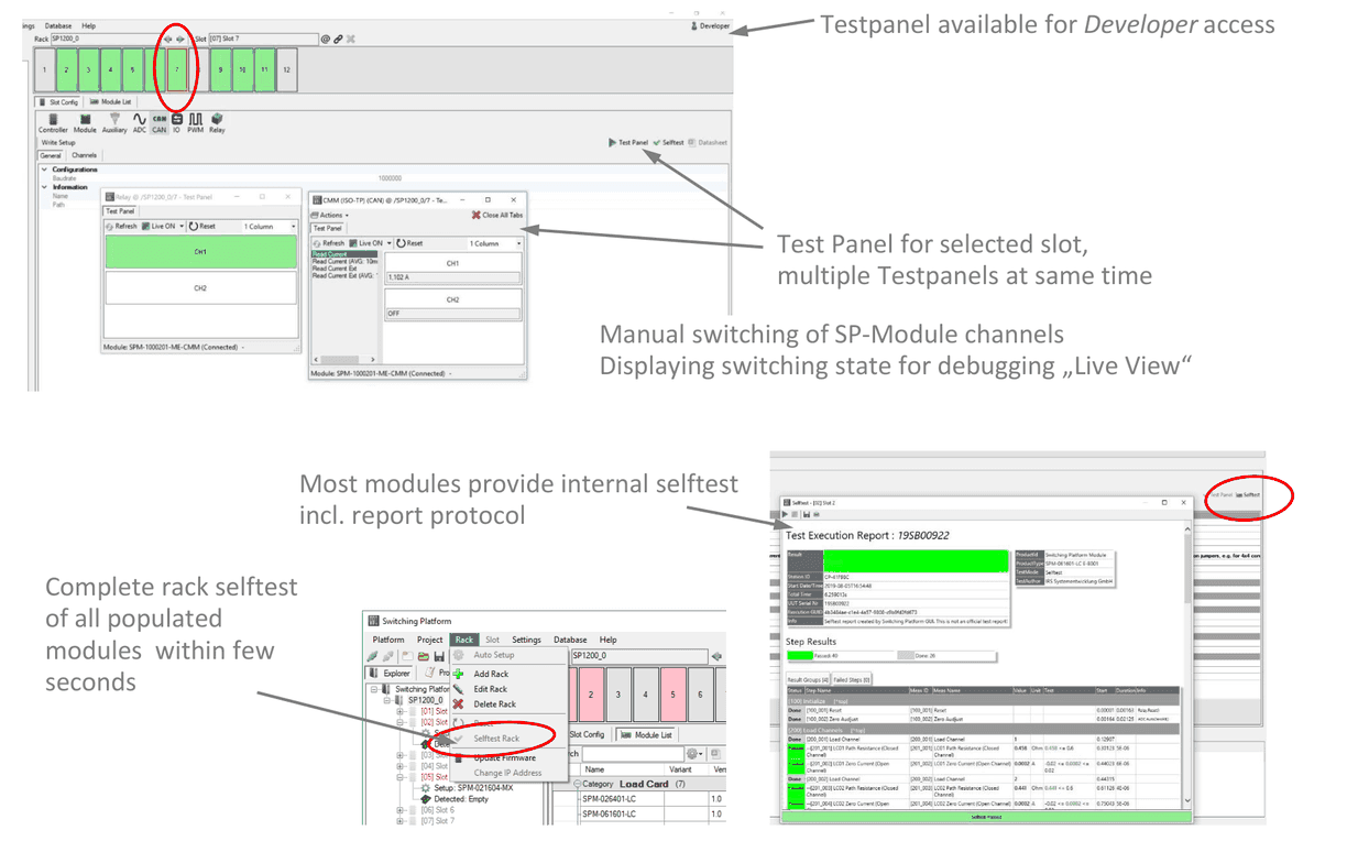Test panels for a selected slot and test execution report of a selftest