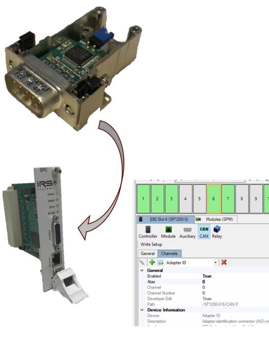 Programmable ID module connected to the auxiliary connector of an SPC-64 card and its configuration in the SP Editor