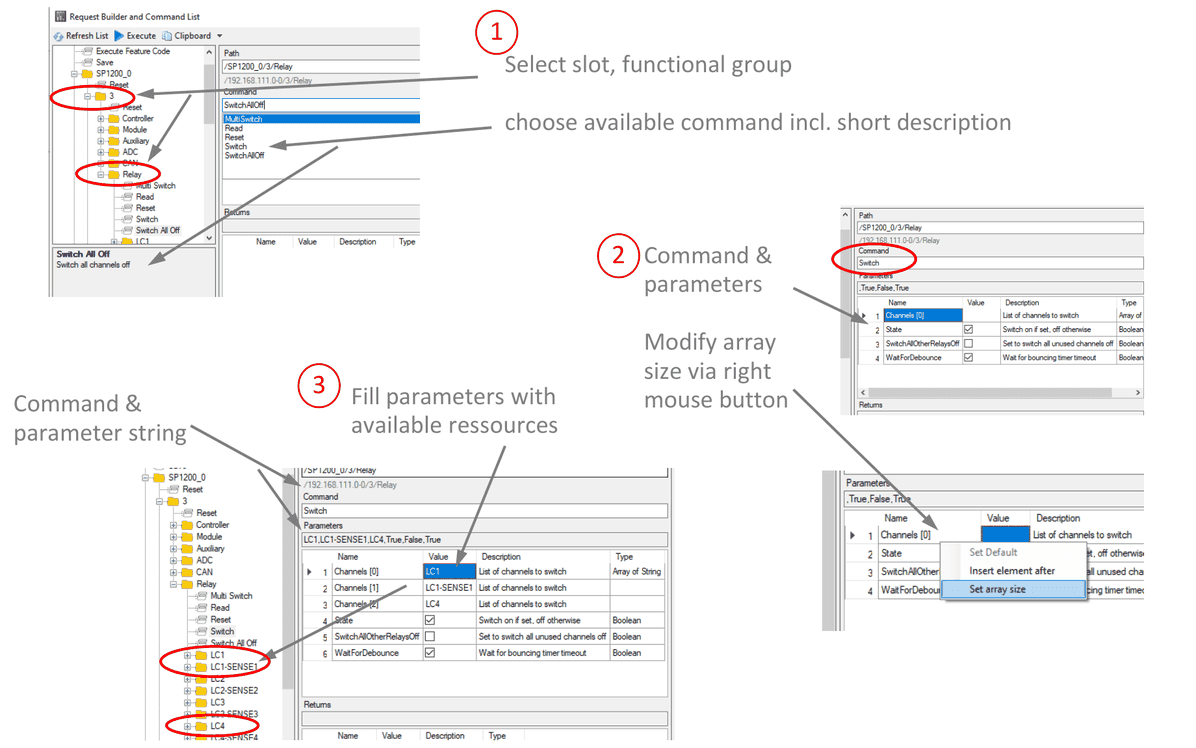 Request Builder: selecting slot, functional group and command, filling parameters