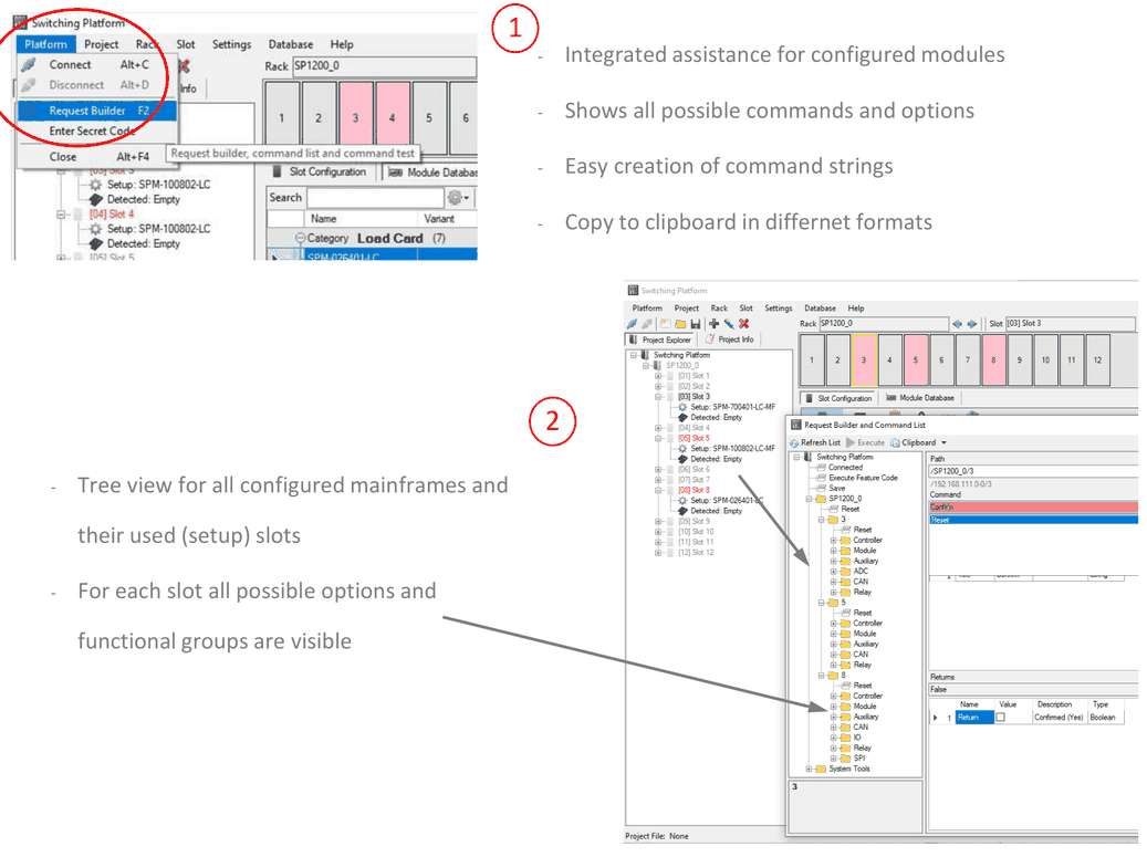 Opening the Request Builder from the Platform menu and the Request Builder window with tree view