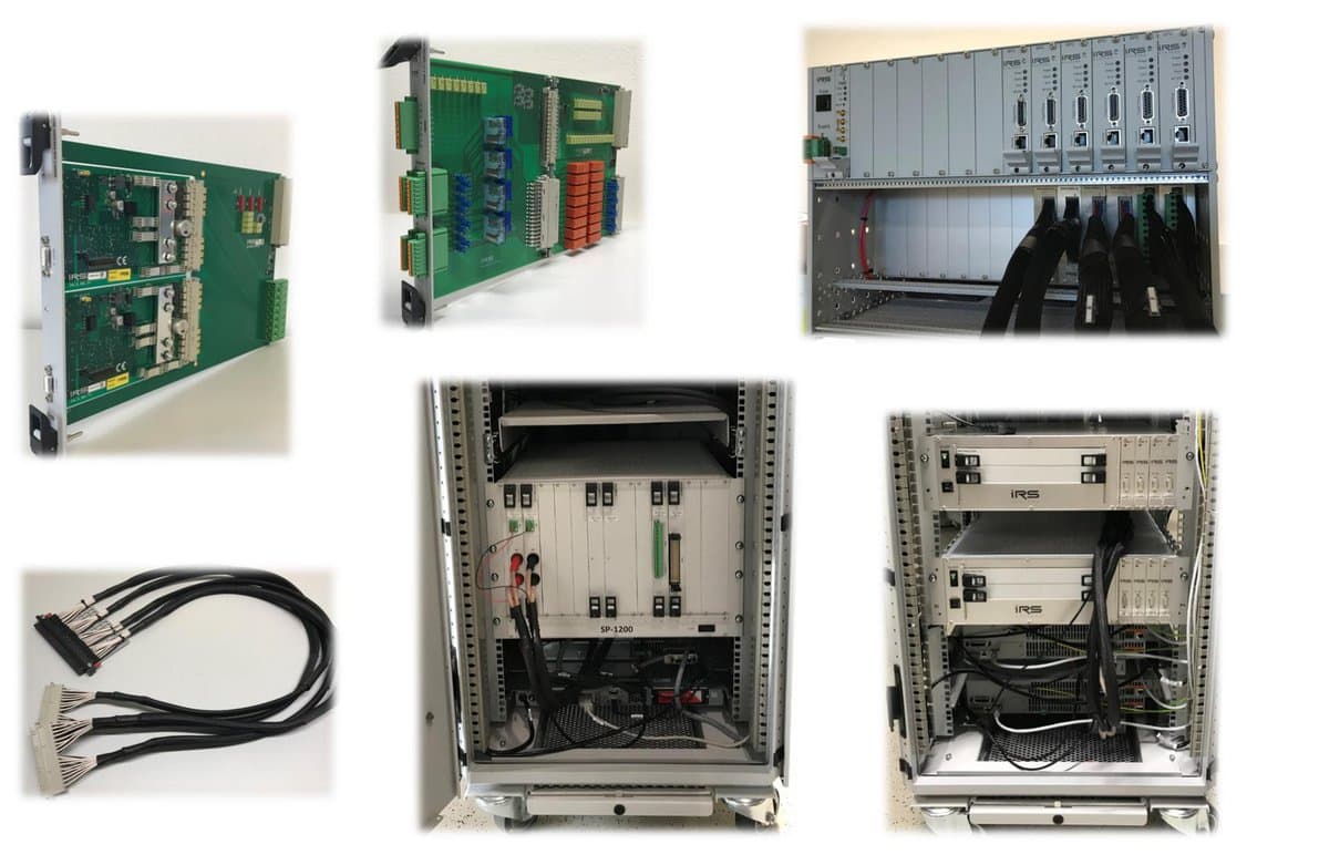 Photos of SP-Modules, cabling and SP-1200 mainframes integrated in test system cabinets