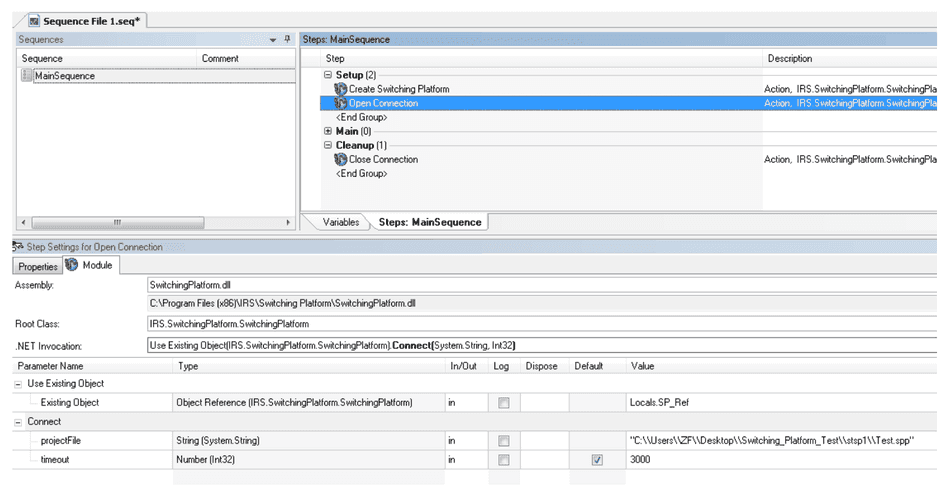TestStand-Step-Einstellungen für Open Connection mit den Parametern projectFile und timeout