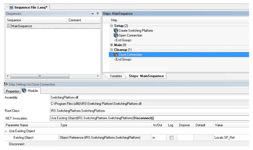 TestStand-Step-Einstellungen für Close Connection mit der .NET Invocation Disconnect()