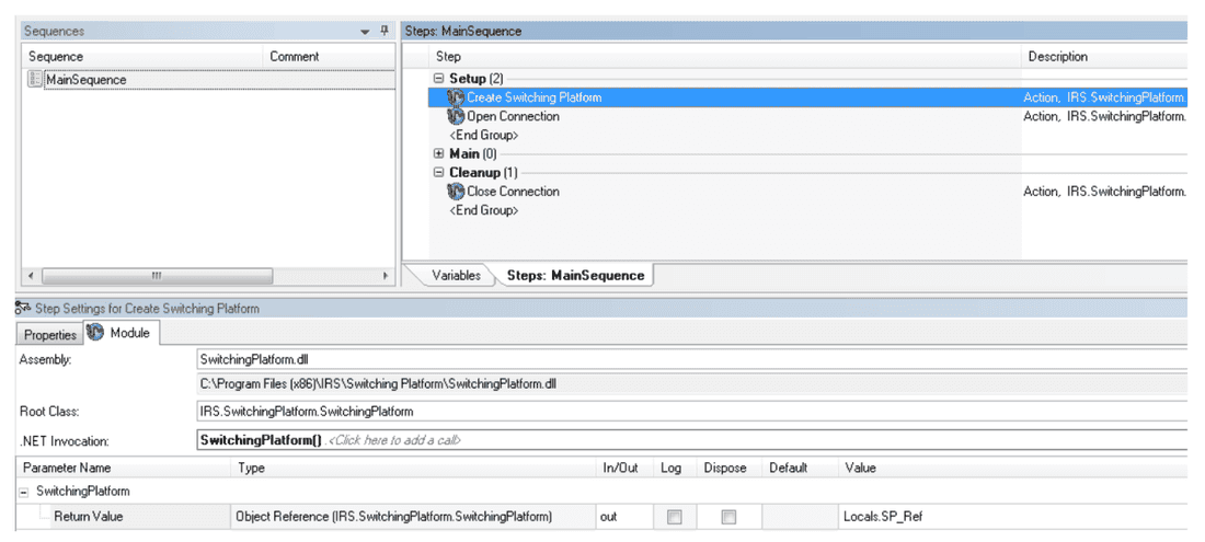 TestStand-Step-Einstellungen für Create Switching Platform mit der .NET Invocation SwitchingPlatform()