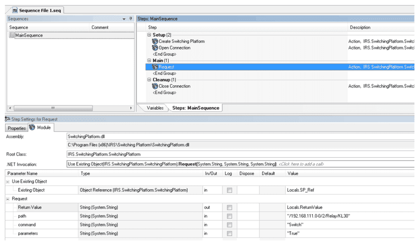 TestStand-Step-Einstellungen für Request mit den Parametern path, command und parameters