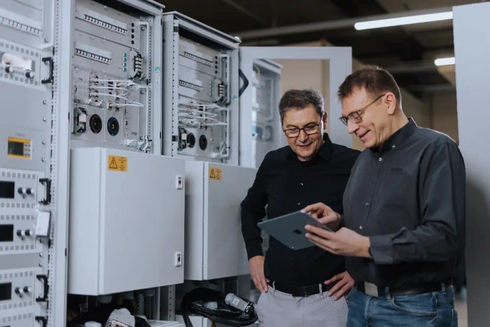 Zwei Kollegen besprechen ein Prüfsystem am Tablet