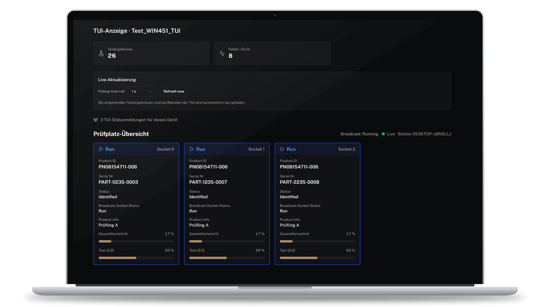 IRS IoT Hub showing the test station overview on a laptop
