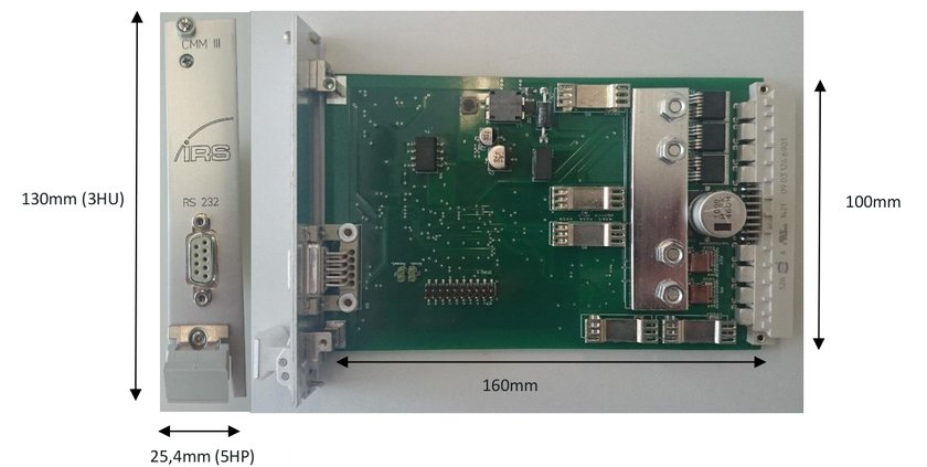 Modul CMM III mit Frontblende, Abmessungen: Höhe der Frontblende 130 mm (3 HE), Platinenhöhe 100 mm, Platinenlänge 160 mm, Breite der Frontblende 25,4 mm (5 TE)