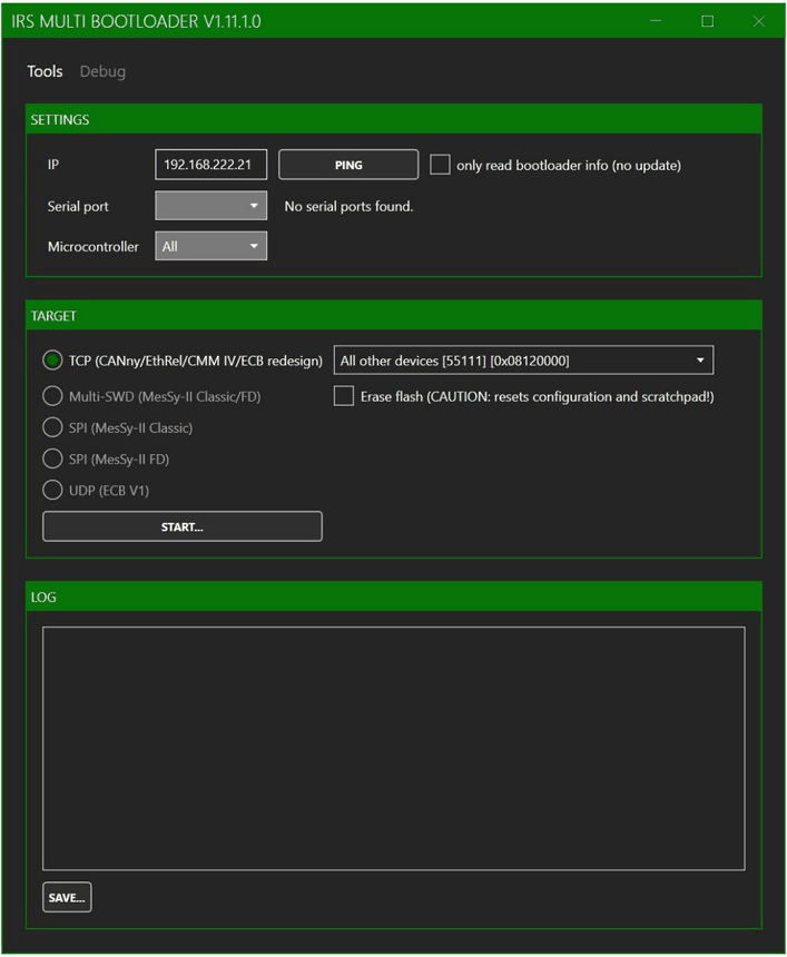 Fenster IRS MULTI BOOTLOADER mit IP 192.168.222.21, Ziel TCP (CANny/EthRel/CMM IV/ECB redesign), Schaltfläche START und Protokoll