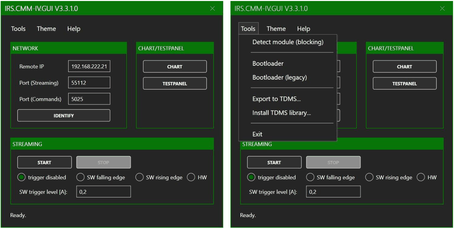 Hauptfenster von IRS.CMM-IV.GUI mit NETWORK, CHART/TESTPANEL und STREAMING sowie geöffnetem Menü Tools mit Detect module, Bootloader, Export to TDMS und Install TDMS library
