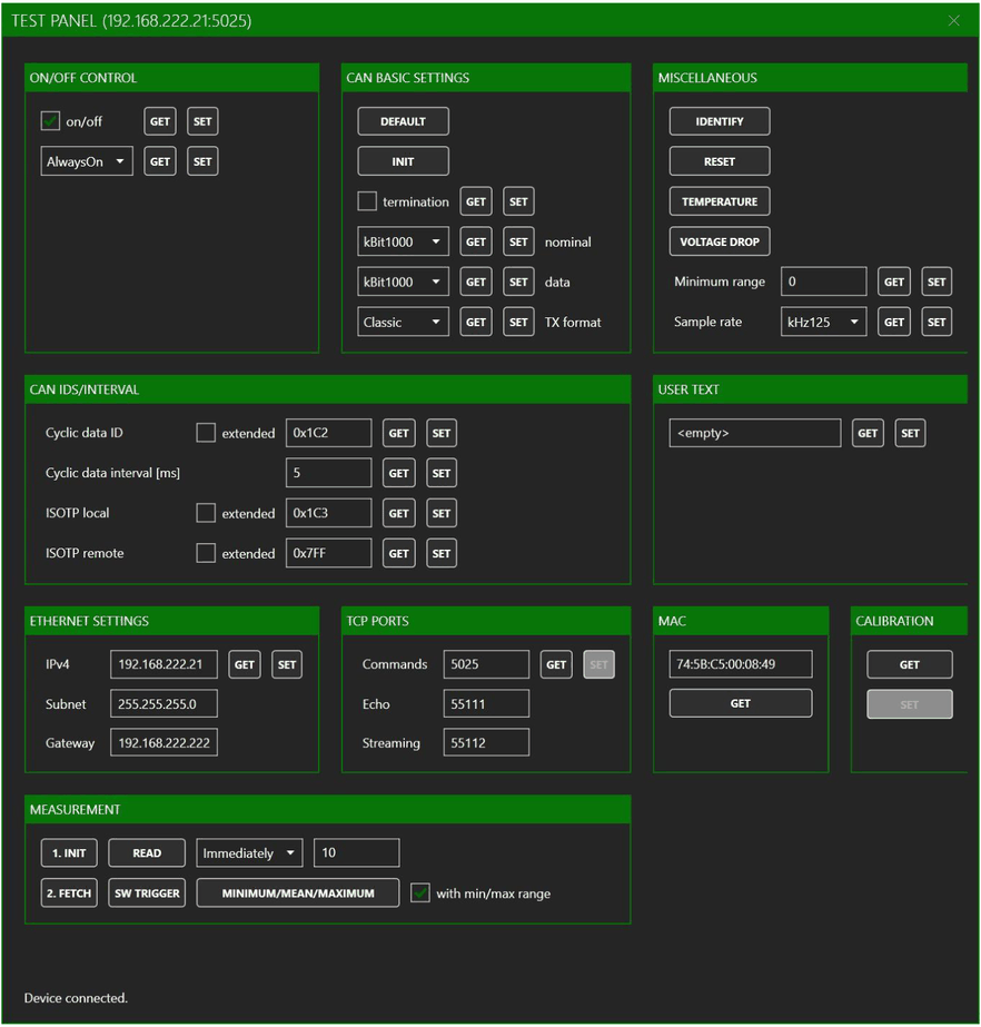 TEST PANEL mit ON/OFF CONTROL, CAN BASIC SETTINGS, MISCELLANEOUS, CAN IDS/INTERVAL, USER TEXT, ETHERNET SETTINGS, TCP PORTS, MAC, CALIBRATION und MEASUREMENT