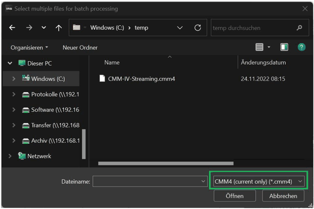 Dateidialog Select multiple files for batch processing mit der Datei CMM-IV-Streaming.cmm4 und der markierten Dateityp-Auswahl CMM4 (current only)
