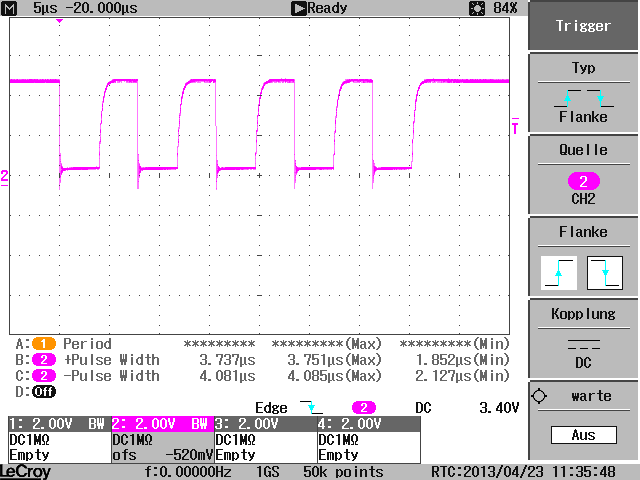 Oscilloscope capture: 256 KBaud on K