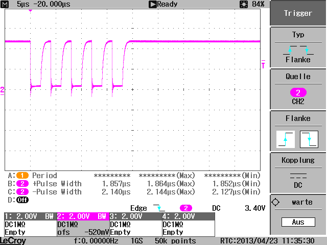 Oscilloscope capture: 500 KBaud on K