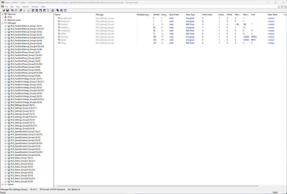 PosSim.dbc opened in Vector CANdb++ Editor