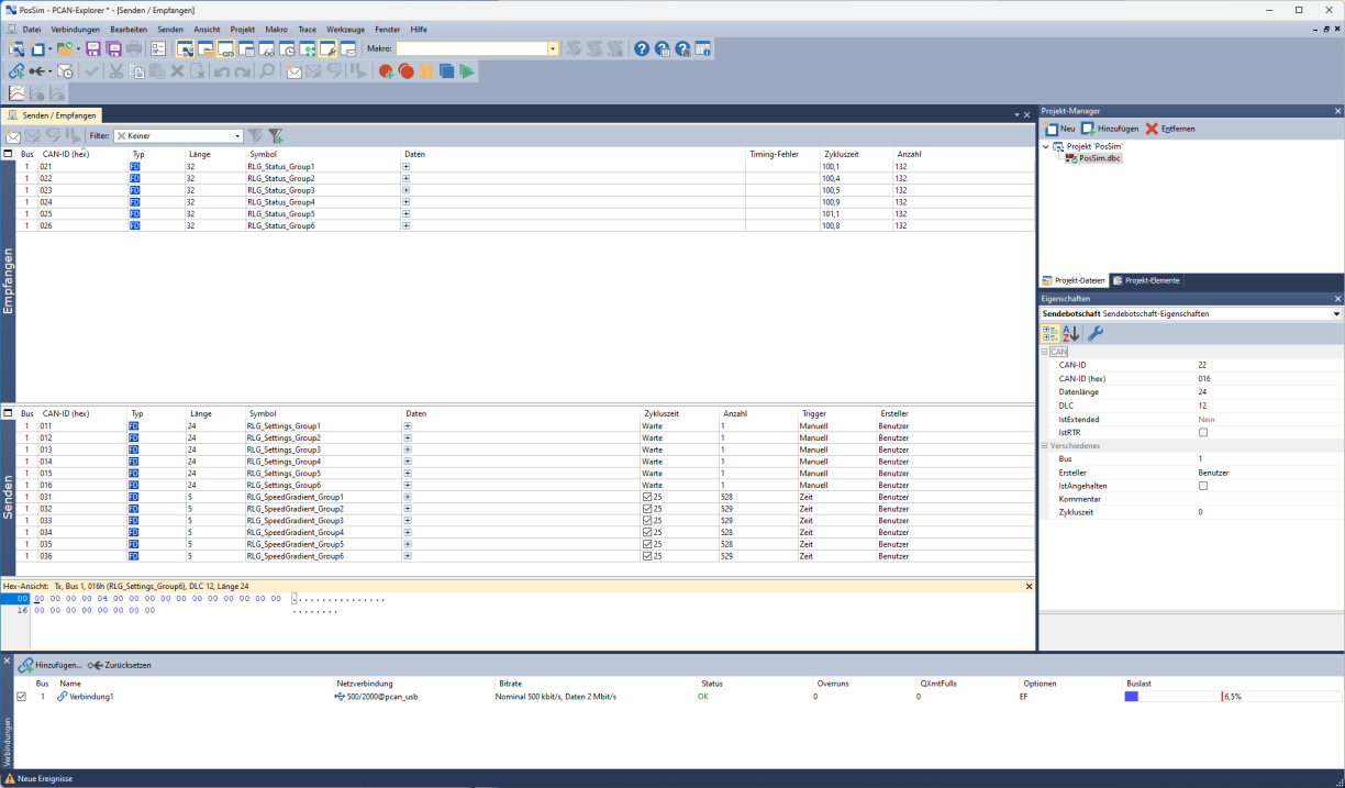 PosSim.dbc loaded in PCAN-Explorer