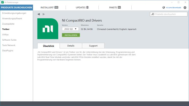 NI Package Manager showing NI CompactRIO and Drivers 2022 Q3