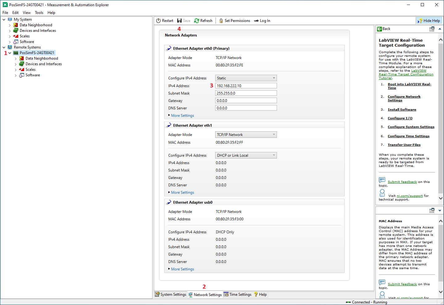 NI Measurement & Automation Explorer with network settings, numbered 1 to 4
