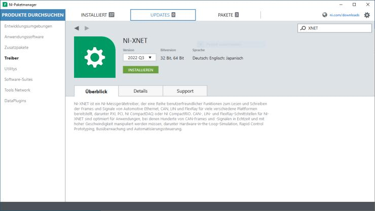 NI Package Manager showing NI-XNET 2022 Q3