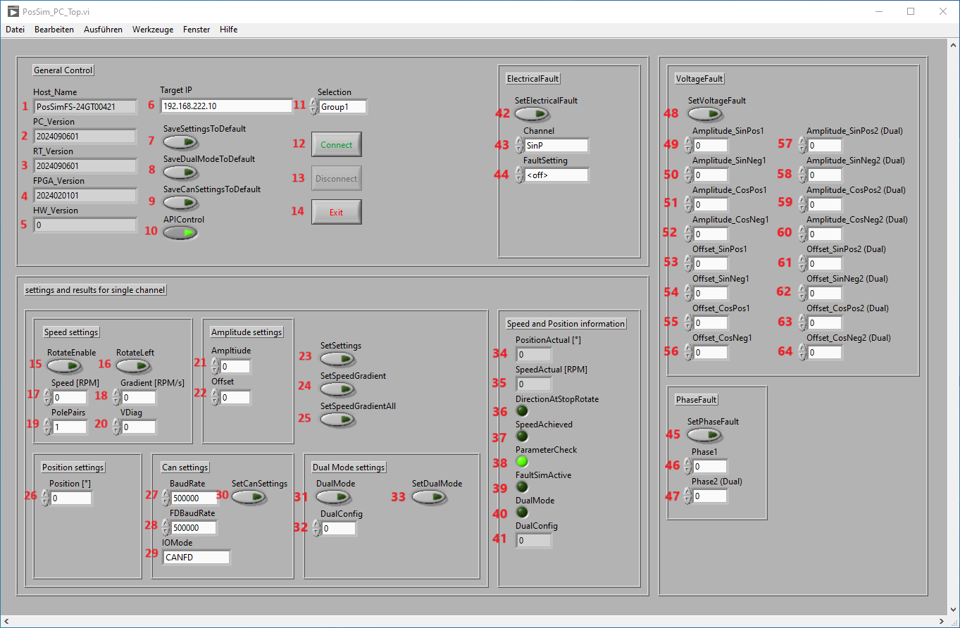IRS.PosSim.Testpanel front panel with controls numbered 1 to 64