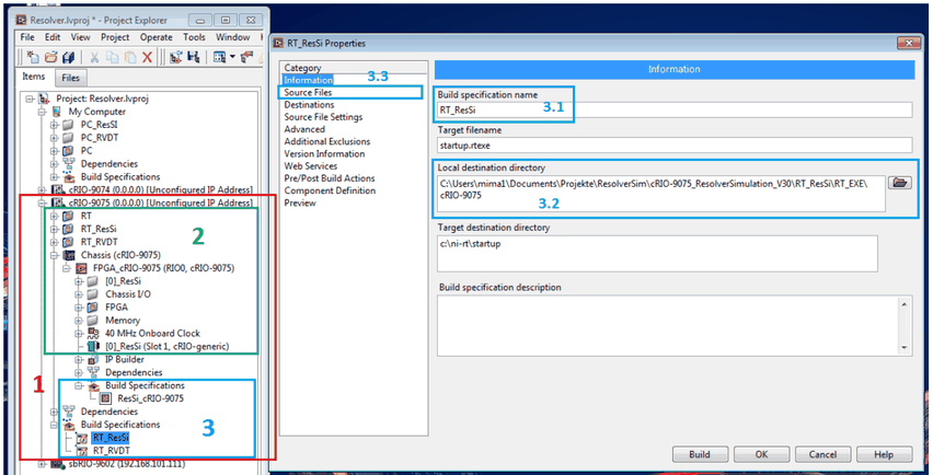 LabVIEW Project Explorer und Eigenschaften der Build-Spezifikation, markierte Schritte 1 bis 3