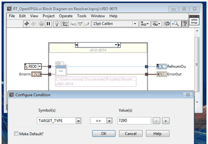Blockdiagramm von RT_OpenFPGA.vi mit dem Dialog Configure Condition