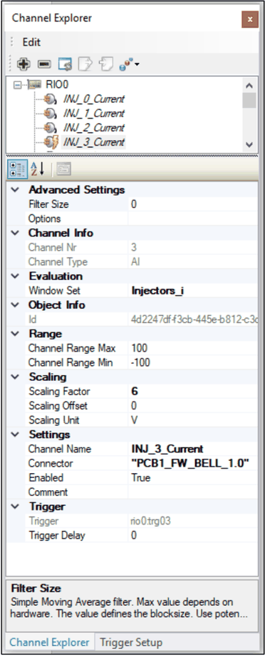 Channel Explorer mit ausgewähltem Kanal INJ_3_Current und seinen Eigenschaften