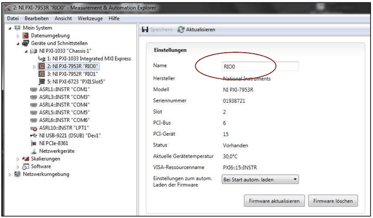 Measurement and Automation Explorer settings of the NI PXI-7953R with name RIO0 marked