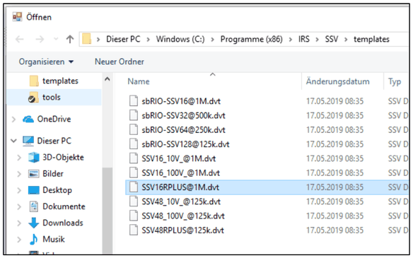 File dialog in the SSV templates folder with SSV16RPLUS@1M.dvt selected