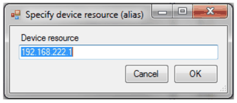 Specify device resource dialog with IP address 192.168.222.1