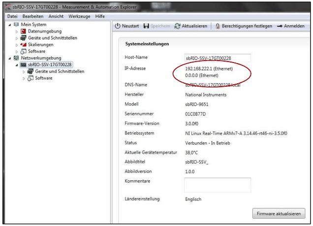Measurement and Automation Explorer system settings of the sbRIO-SSV with IP address 192.168.222.1 marked