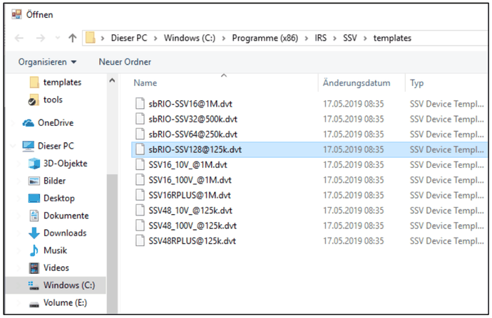 File dialog in the SSV templates folder with sbRIO-SSV128@125k.dvt selected